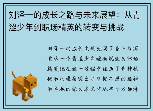 刘泽一的成长之路与未来展望：从青涩少年到职场精英的转变与挑战